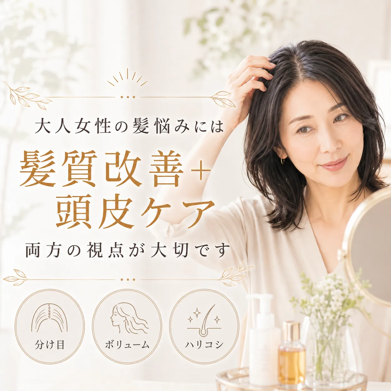 大人女性の髪の悩みは紙質改善プラス頭皮ケア、両方の視点が大切です。